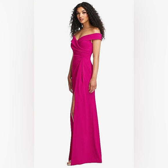 New After Six CUFFED OFF-THE-SHOULDER PLEATED FAUX WRAP MAXI DRESS THINK PINK 6R - Picture 2 of 6